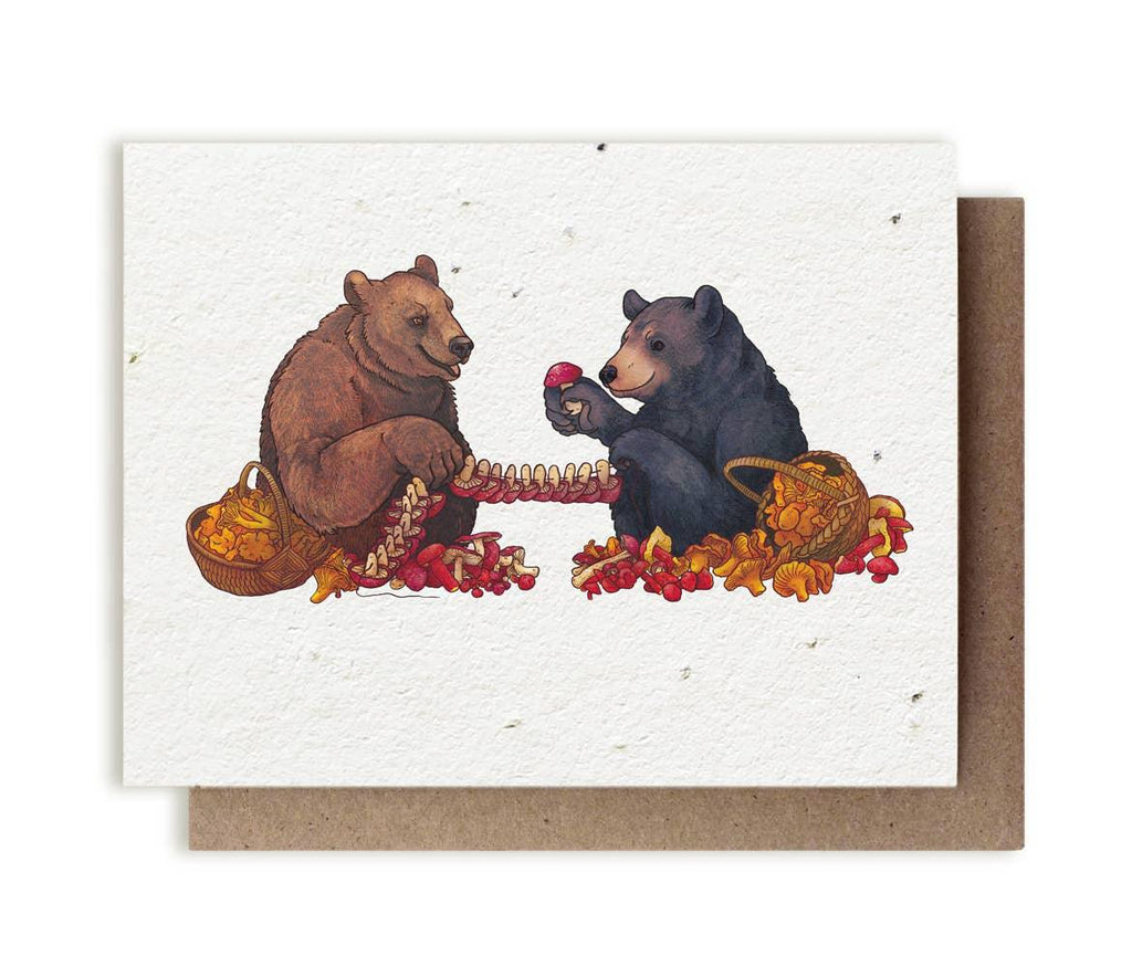 Enchanting Bears and Mushrooms illustrated card, embedded with herb seeds, ready for planting.