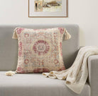 Image of the 'Handmade Printed Persian Cotton Pillow Cover', highlighting its soft, fluffy texture, the handmade tassels at each corner, and the intricate printed design.