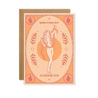 "Birthday Goddess" Card with an elegant, vibrant design featuring a feminine figure, displayed on a soft pastel background.