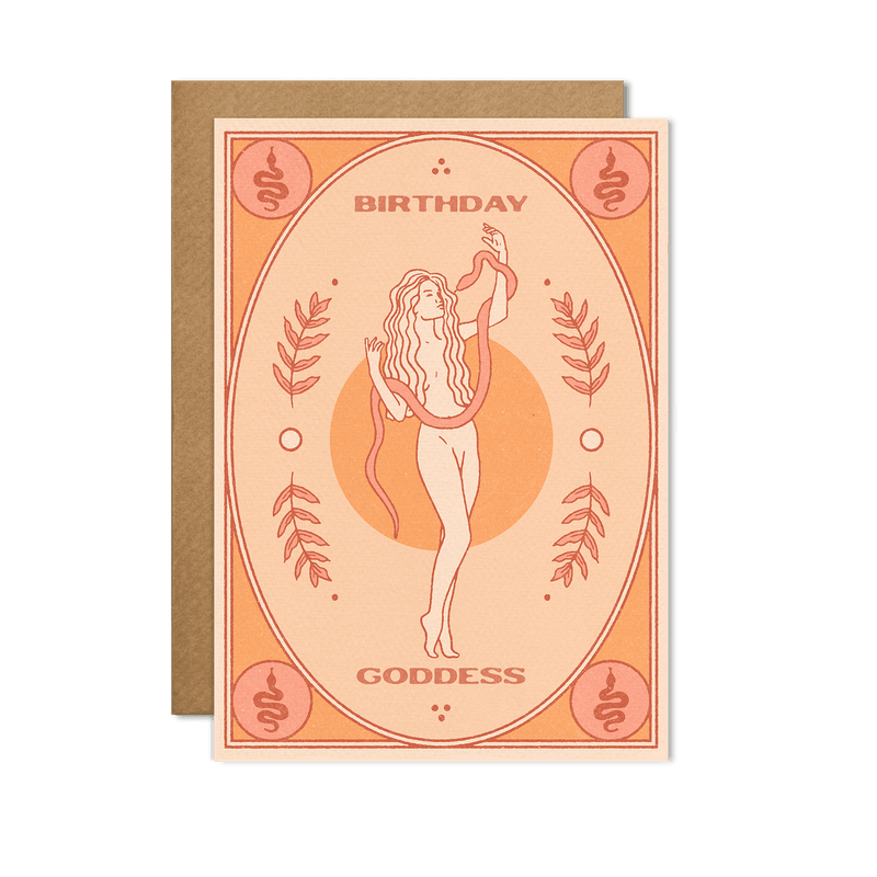 "Birthday Goddess" Card with an elegant, vibrant design featuring a feminine figure, displayed on a soft pastel background.