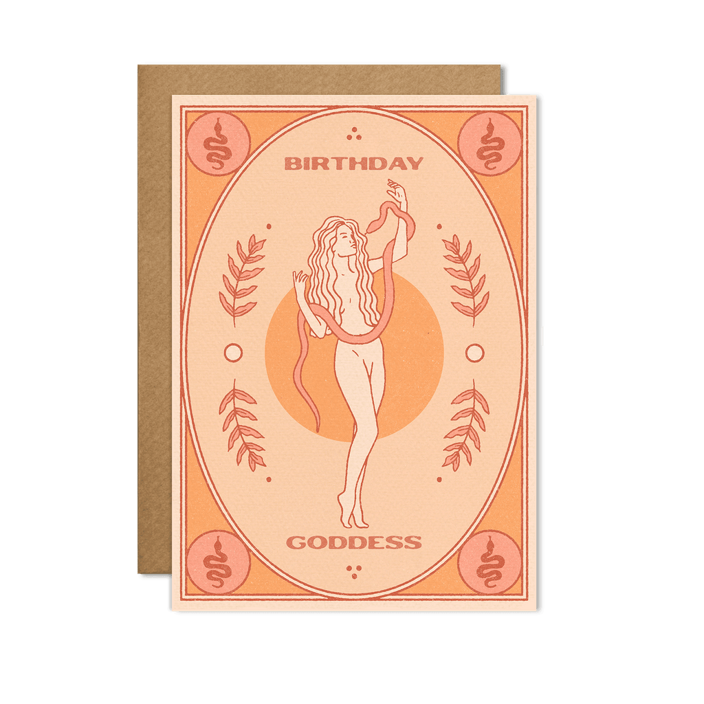 "Birthday Goddess" Card with an elegant, vibrant design featuring a feminine figure, displayed on a soft pastel background.