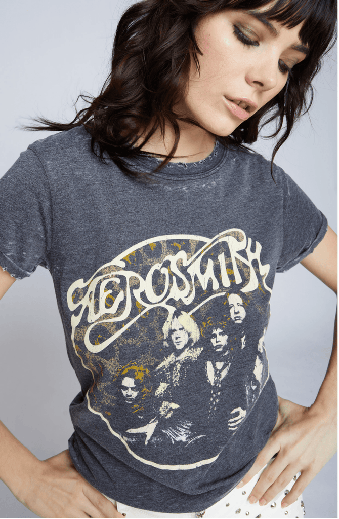 Aerosmith "Back In The Saddle" Burnout Tee - Vintage burnout design with iconic graphics. Perfect for rock enthusiasts. Elevate your style with this homage to the legendary band.