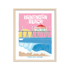 Artistic print depicting Huntington Beach's signature waves and pier, a nod to the surf city's enduring allure.