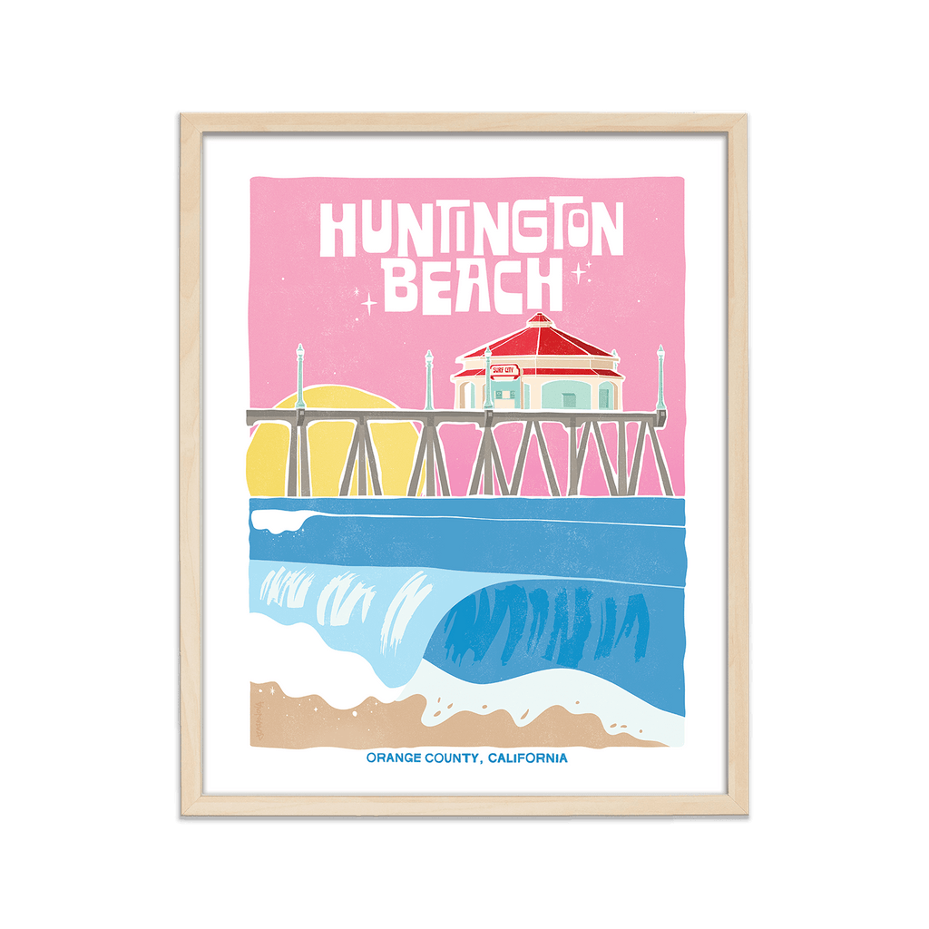 Artistic print depicting Huntington Beach's signature waves and pier, a nod to the surf city's enduring allure.