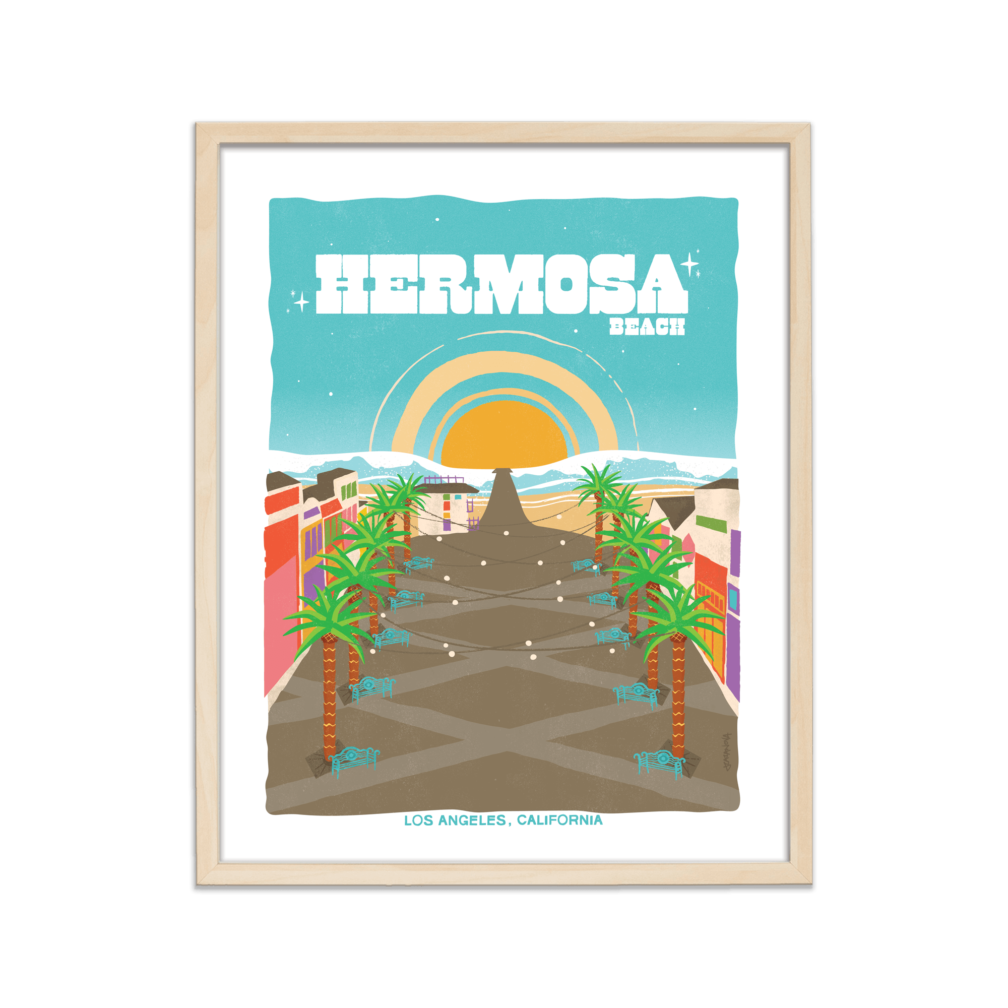 Picturesque print of Hermosa Beach's tranquil shoreline and iconic pier, echoing Southern California's beach charm.
