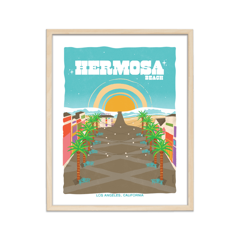 Picturesque print of Hermosa Beach's tranquil shoreline and iconic pier, echoing Southern California's beach charm.