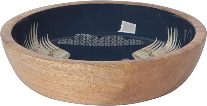 Navy Crane Wood Shallow Bowl - Classically illustrated crane design on sustainable mango wood, perfect for serving salads or pasta.