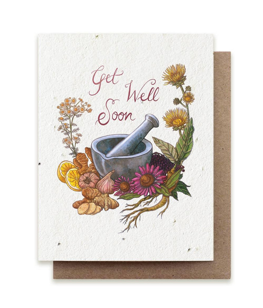 Get Well Soon card with delicate designs, imbued with herb seeds, awaiting its transformation into a verdant garden.