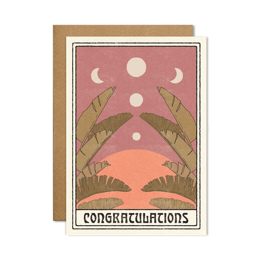 Celestial-themed Congratulations Card showing a beautiful, detailed moon illustration on a dark starry background.