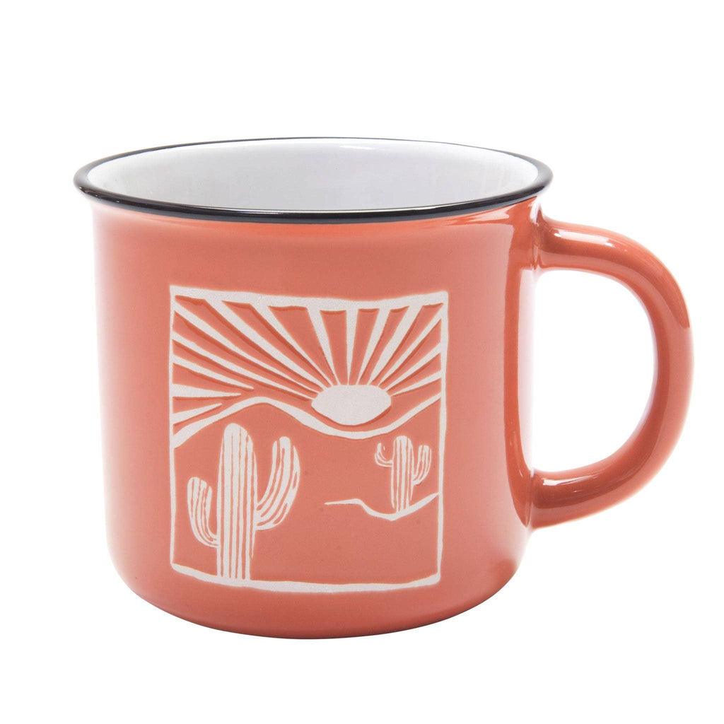 A durable Desert Red Camping Mug, perfect for outdoor adventures, placed on a rustic wooden surface.