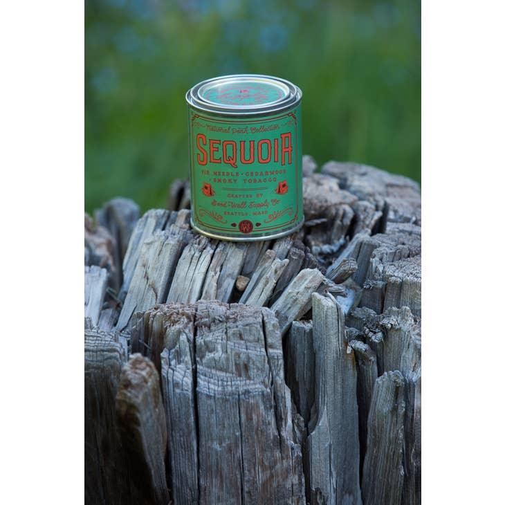 Sequoia Soy Candle in sustainable packaging, diffusing a deep, woodsy scent reminiscent of the ancient sequoia forest.