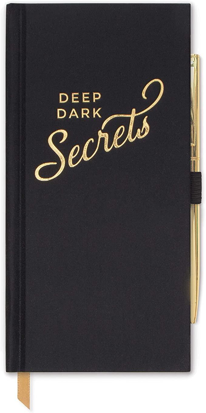 Image showcasing the 'Deep Dark Secrets Notebook', featuring an elegant, dark cover.