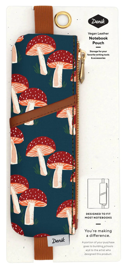 Navy Mushroom Pencil Pouch showcasing a shimmering gold mushroom pattern on a sleek navy canvas.