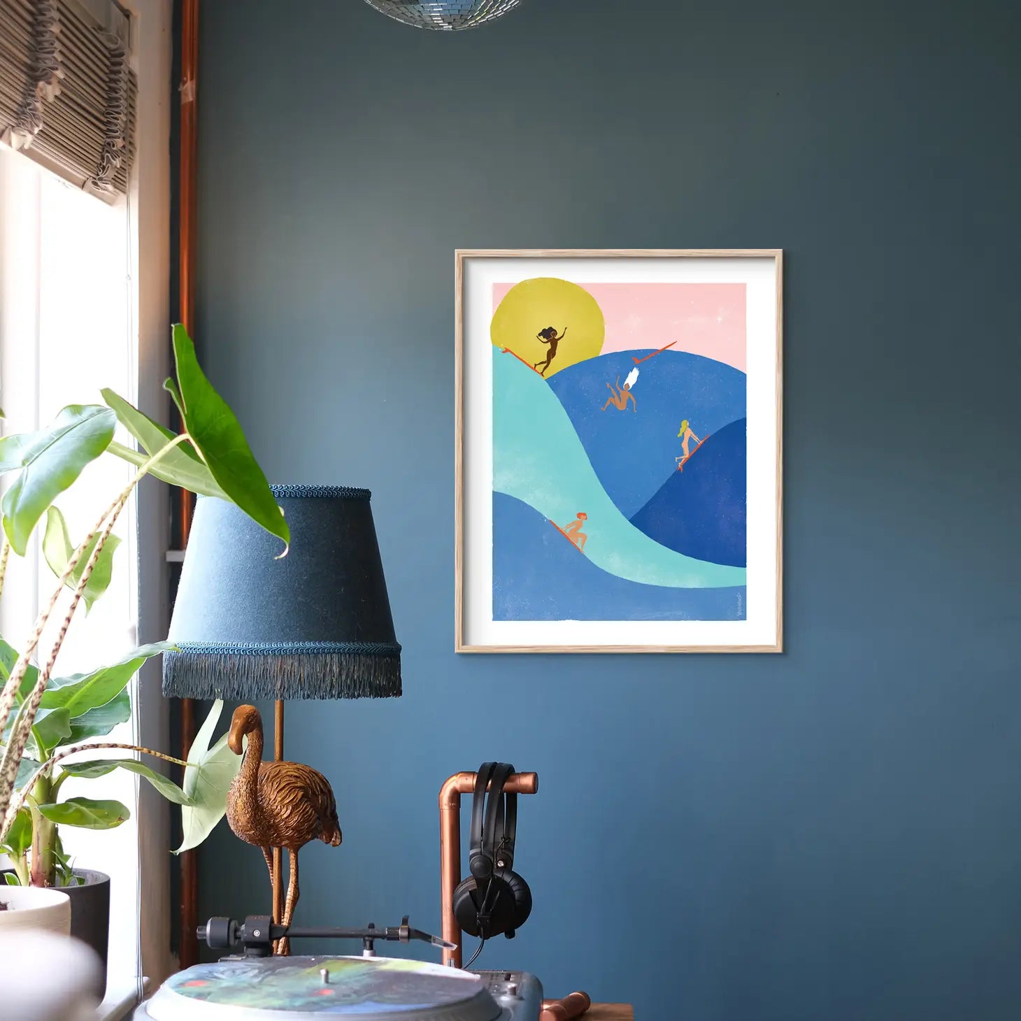 Vibrant print of women surfers enjoying the waves, embodying the spirit of fun and freedom.
