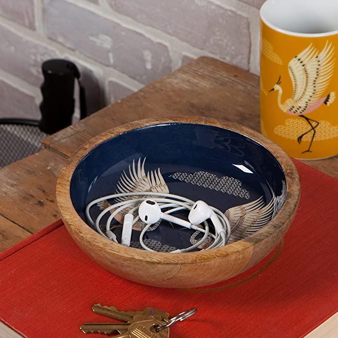 Navy Crane Wood Shallow Bowl - Classically illustrated crane design on sustainable mango wood, perfect for serving salads or pasta.