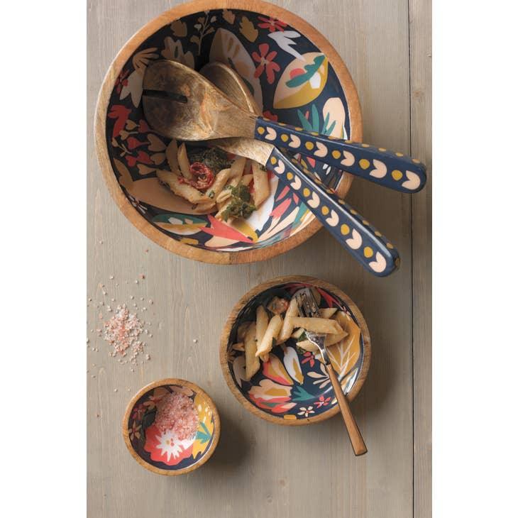 Superbloom Mango Wood Serving Bowl - Sustainable mango wood bowl with a lacquered garden design interior, ideal for serving or decor.