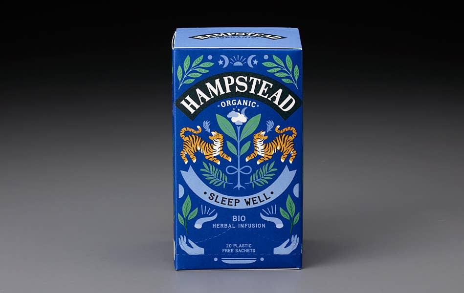 Image of Hampstead Organic Sleep Well tea, a comforting blend of vanilla, rooibos, and chamomile for a restful night's sleep.