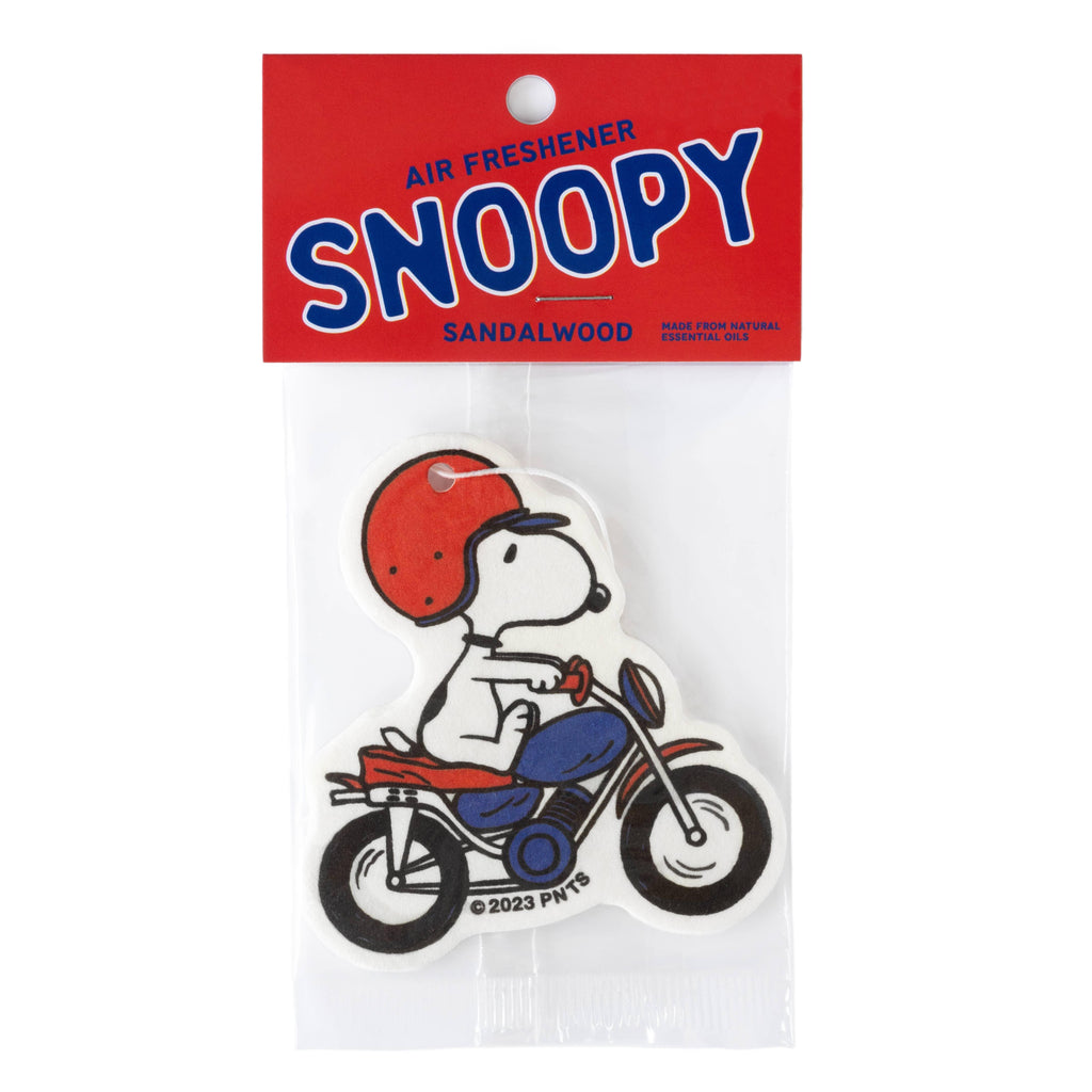 Peanuts Snoopy Motorcycle Air Freshener - Snoopy cruising on a motorcycle. A whimsical car accessory with a refreshing scent.