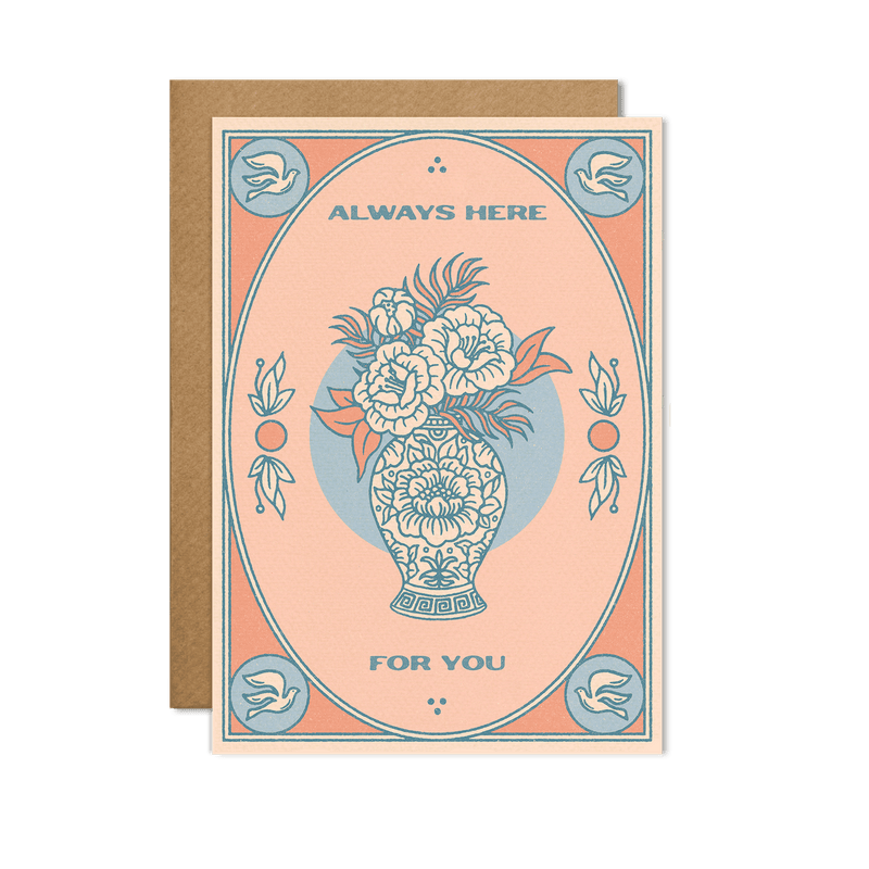Always Here For You" Card featuring an elegantly designed front cover with soothing colors, placed against a calming background.