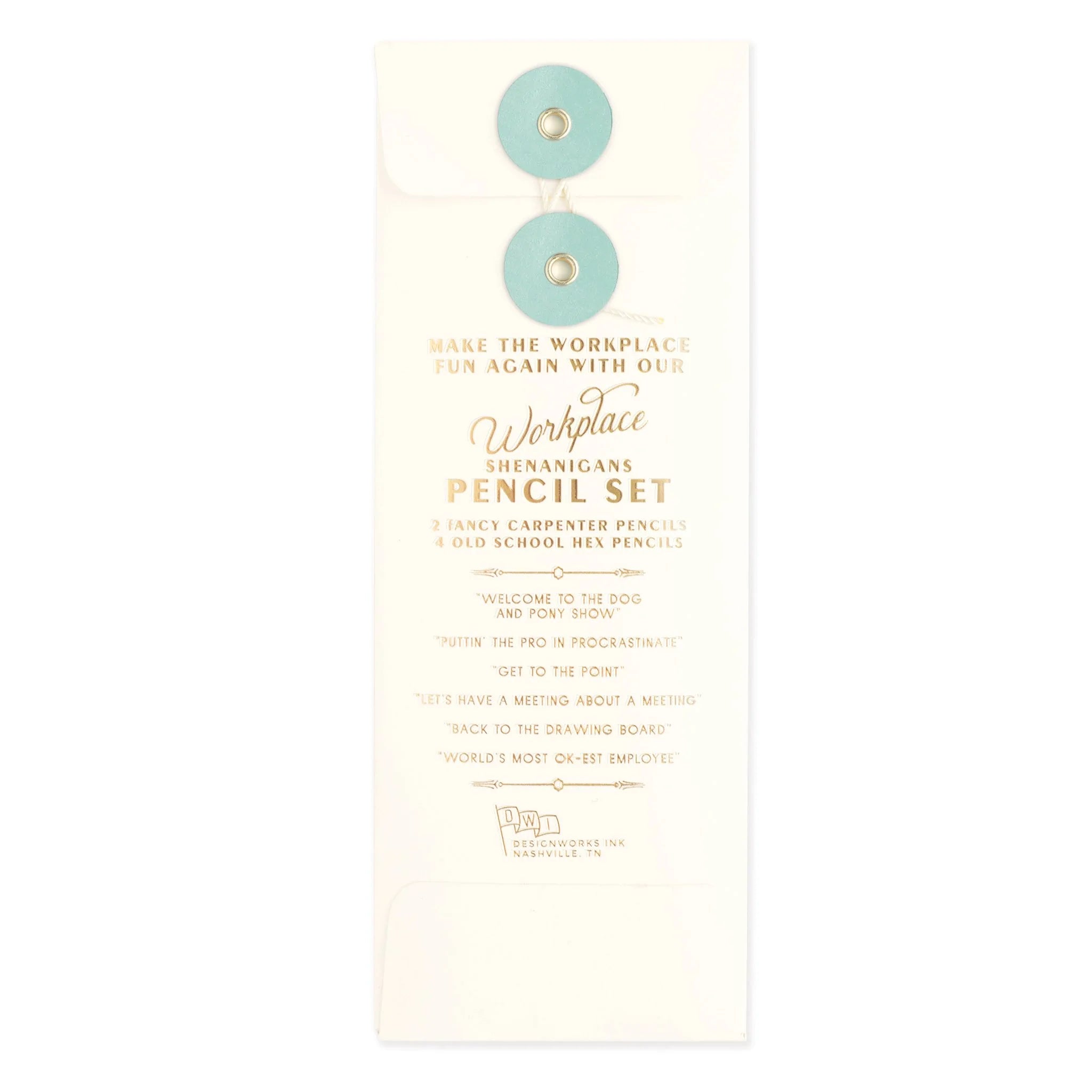 Image showcasing the 'Workplace Shenanigans Pencil Set', featuring six pencils each with a unique, playful quote.