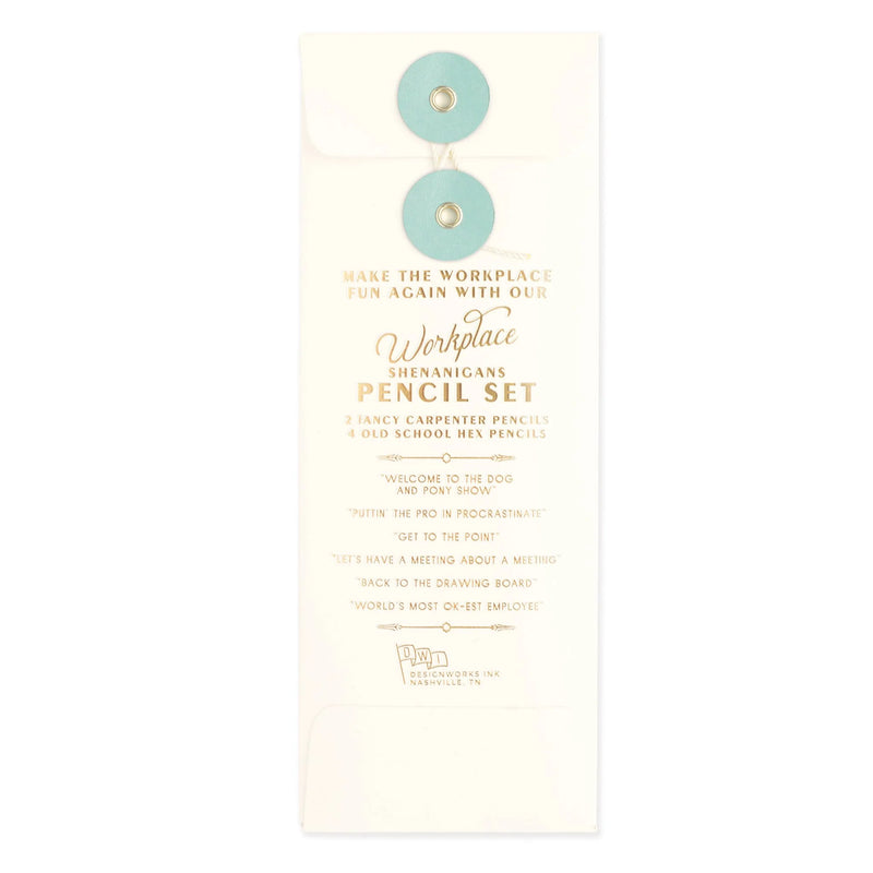 Image showcasing the 'Workplace Shenanigans Pencil Set', featuring six pencils each with a unique, playful quote.