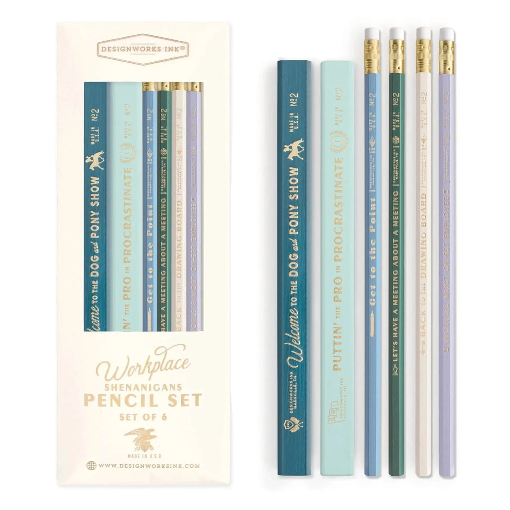 Image showcasing the 'Workplace Shenanigans Pencil Set', featuring six pencils each with a unique, playful quote.