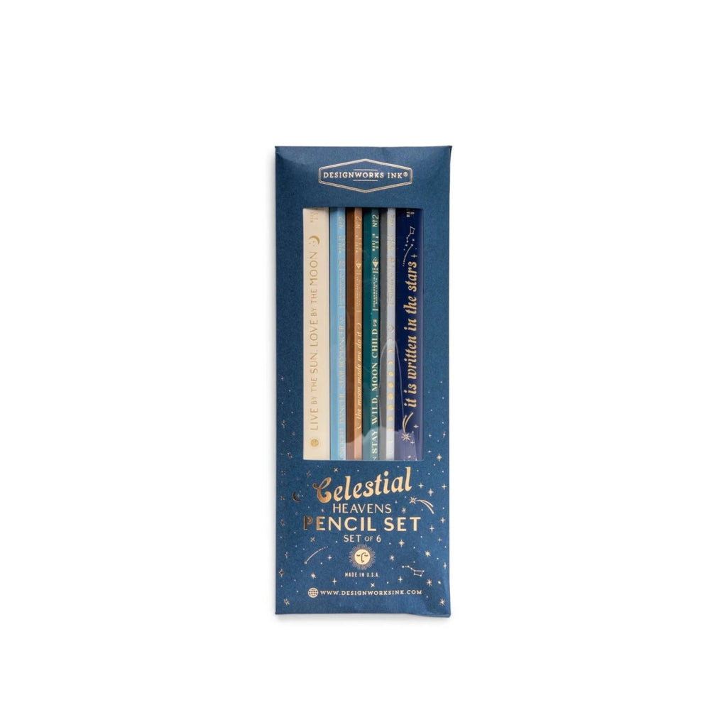 Image displaying the 'Celestial Heavens Pencil Set', 6 pencils with unique, vibrant cosmic designs.