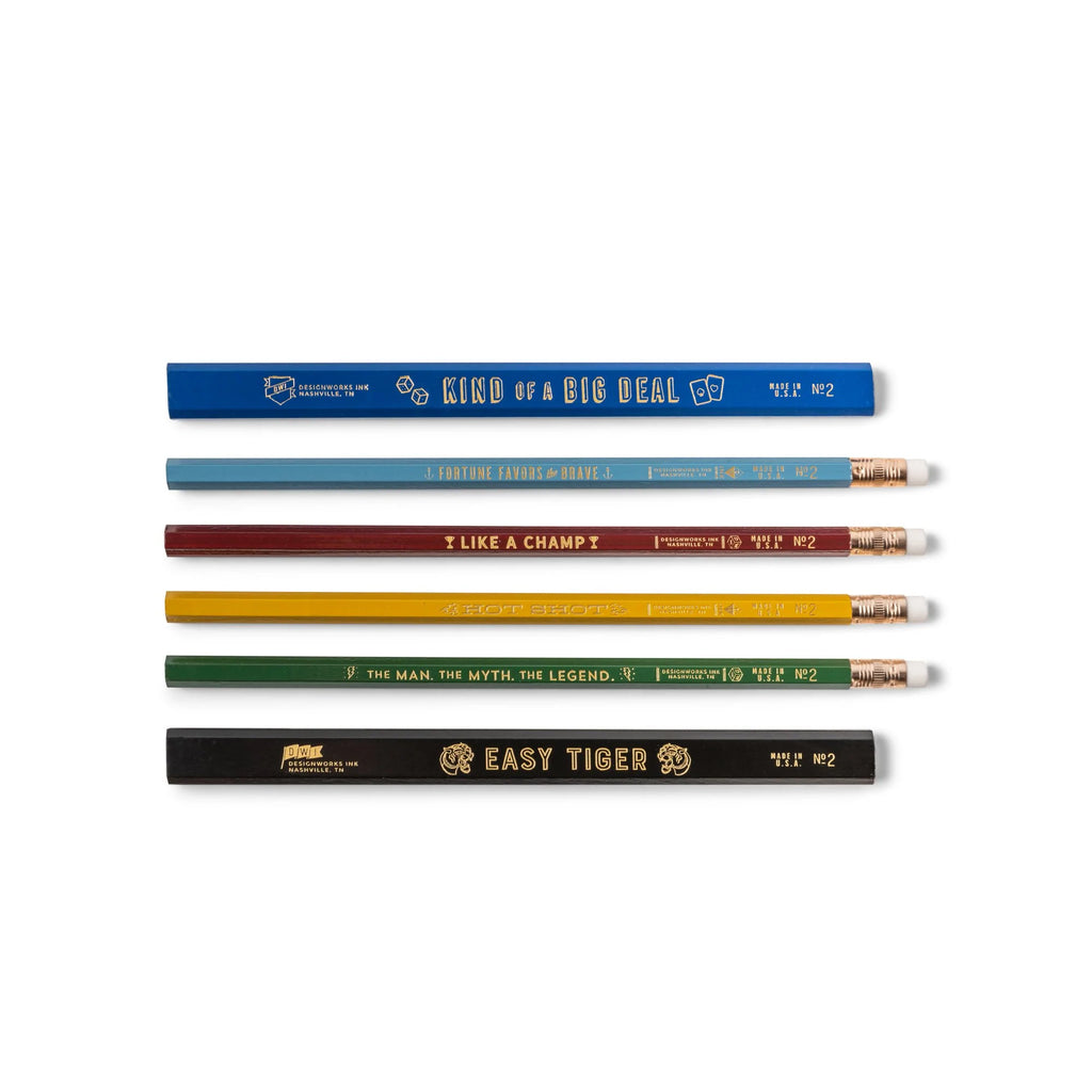 Image of 'The Man, The Myth, The Legend Pencil Set', showcasing six pencils with inspirational engravings.