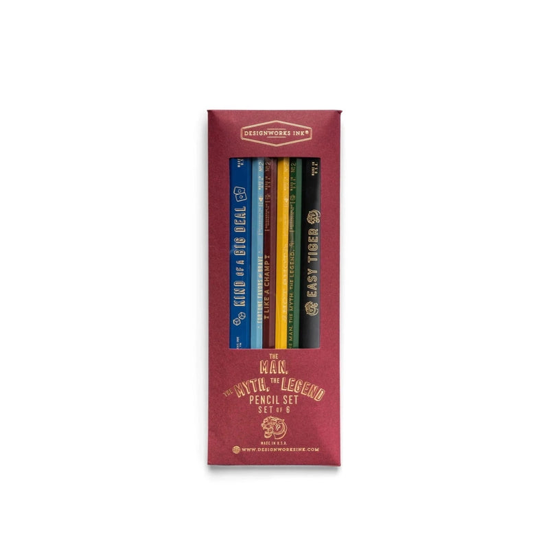 Image of 'The Man, The Myth, The Legend Pencil Set', showcasing six pencils with inspirational engravings.