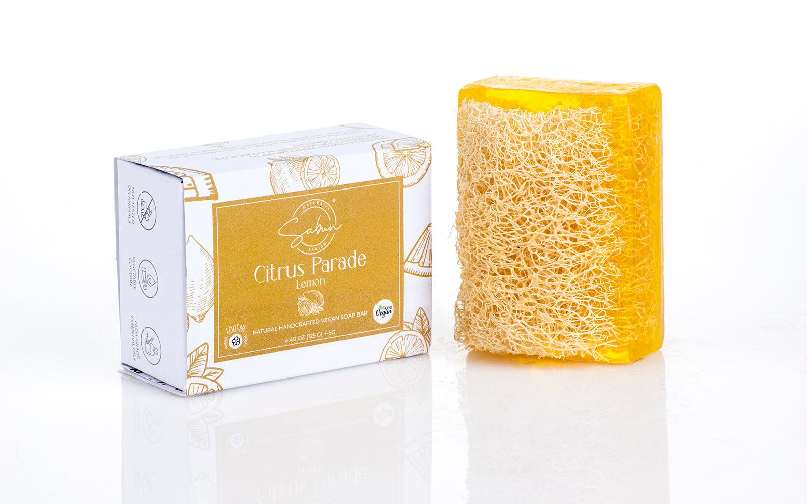 Lemon-scented Natural Handmade Loofah Soap Bar, perfect for refreshing exfoliation.