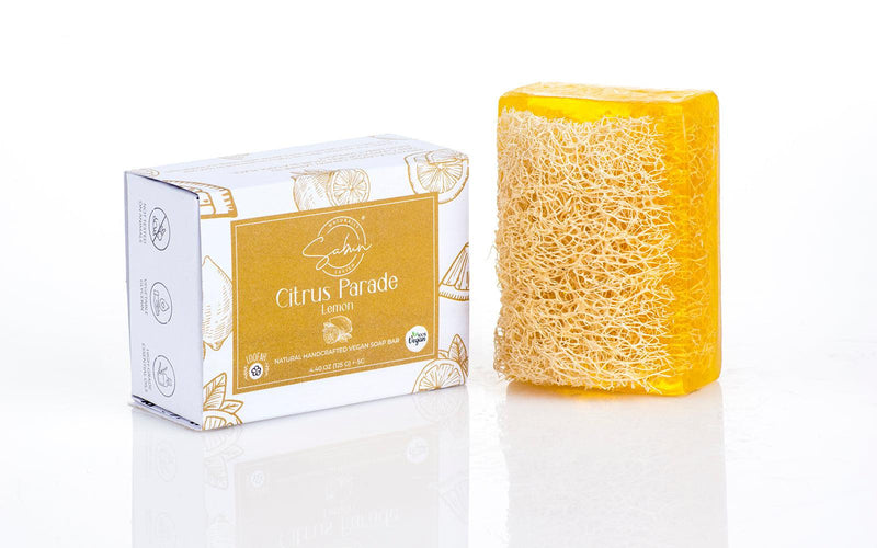 Lemon-scented Natural Handmade Loofah Soap Bar, perfect for refreshing exfoliation.