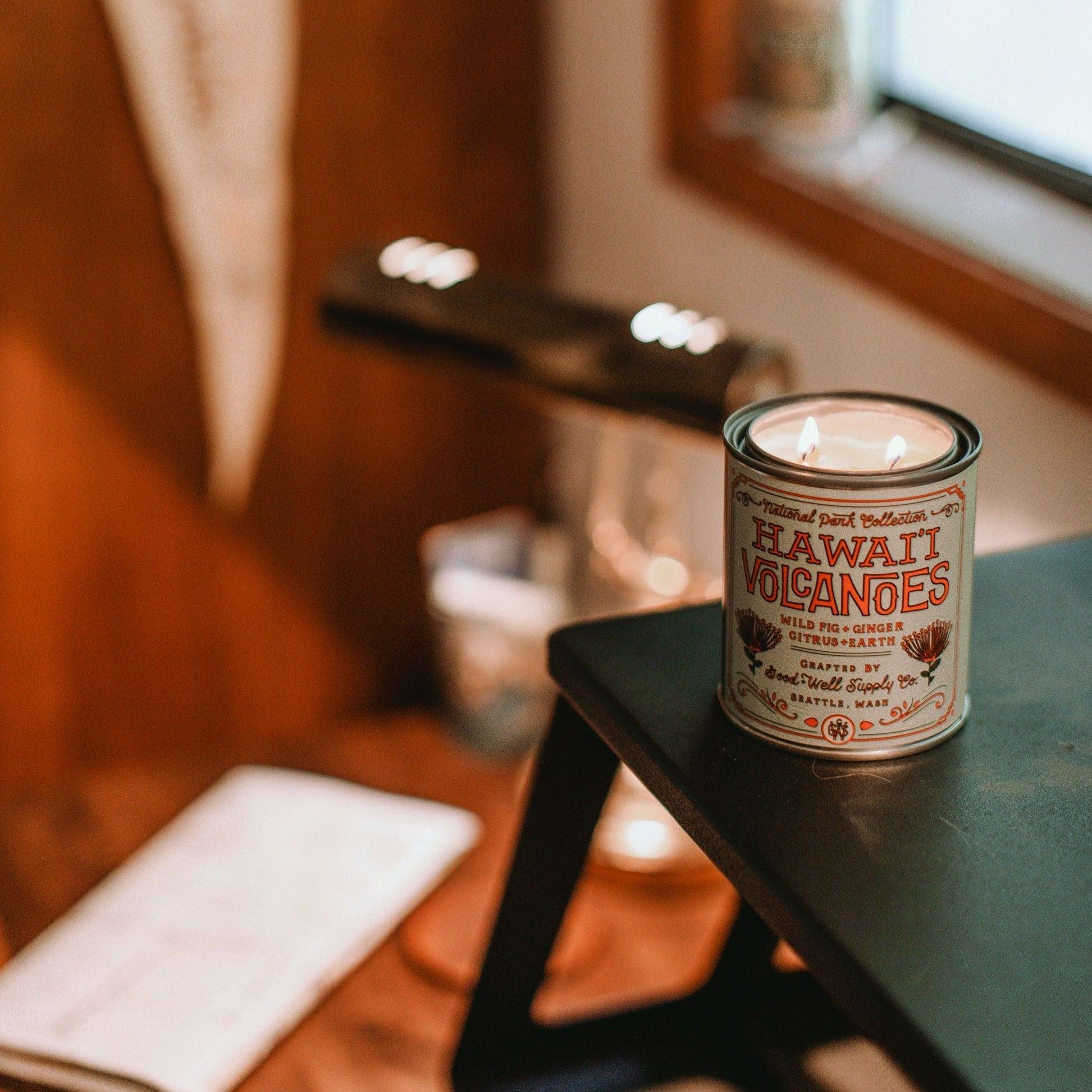 Hawai'i Volcanoes Soy Candle in sustainable packaging, releasing a captivating, tropical scent inspired by the island's landscapes.