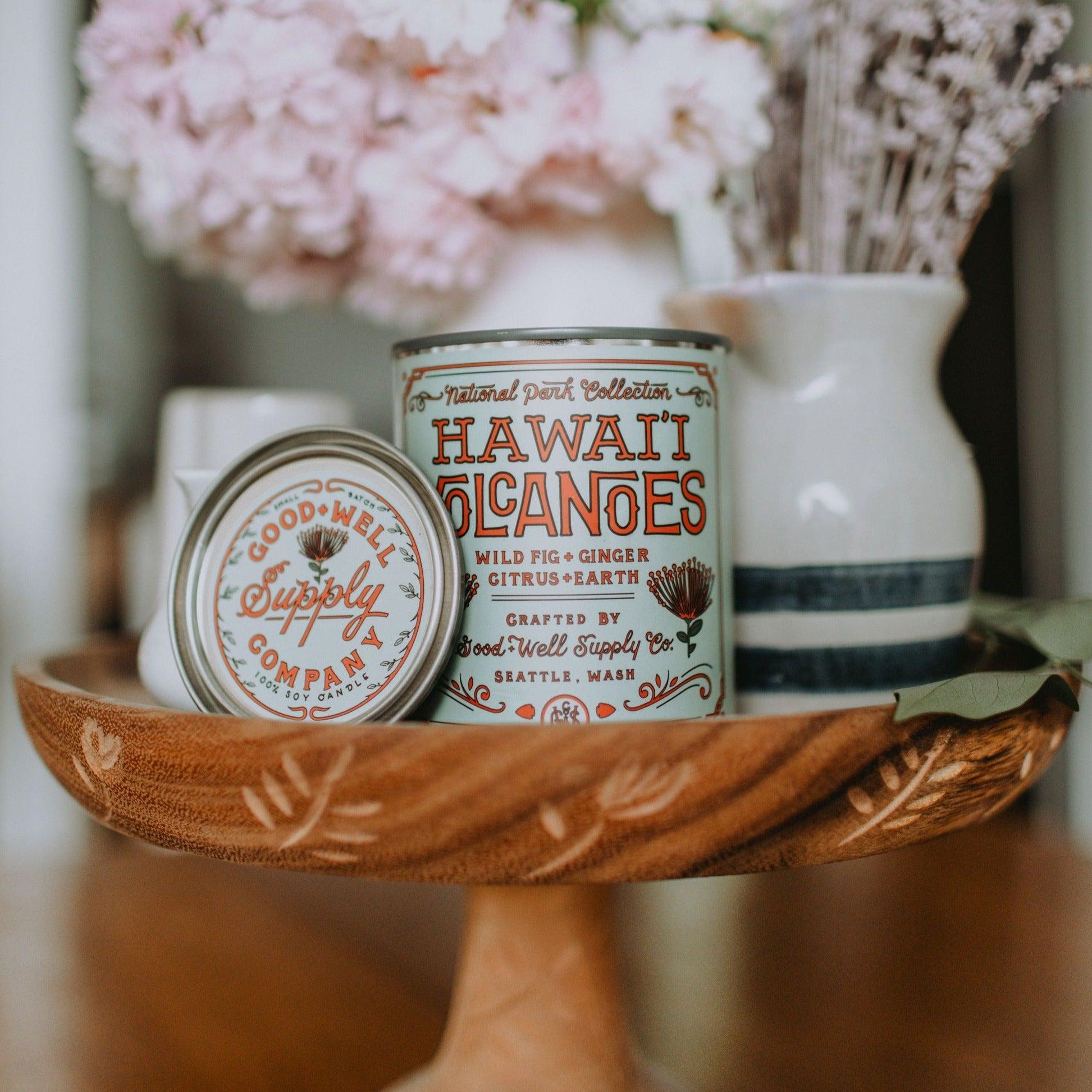 Hawai'i Volcanoes Soy Candle in sustainable packaging, releasing a captivating, tropical scent inspired by the island's landscapes.