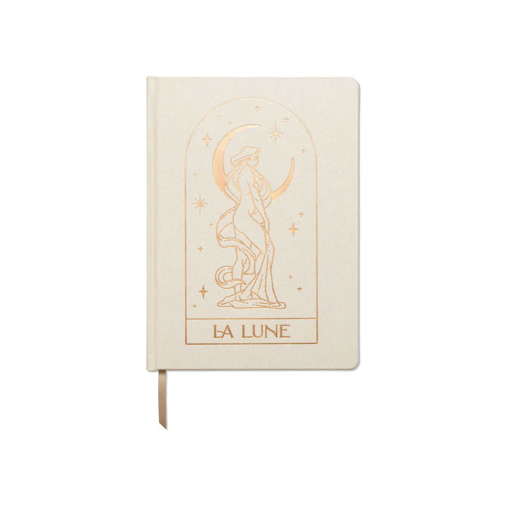 Image showcasing the 'La Lune Cloth Covered Journal', adorned with a beautifully designed moon-themed fabric cover.