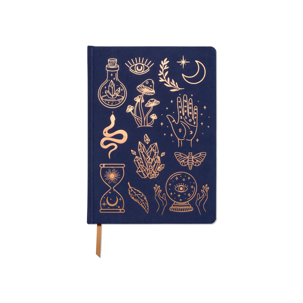Image showcasing the 'Mystic Icons Cloth Covered Journal', featuring an enchanting cover adorned with mystical symbols.