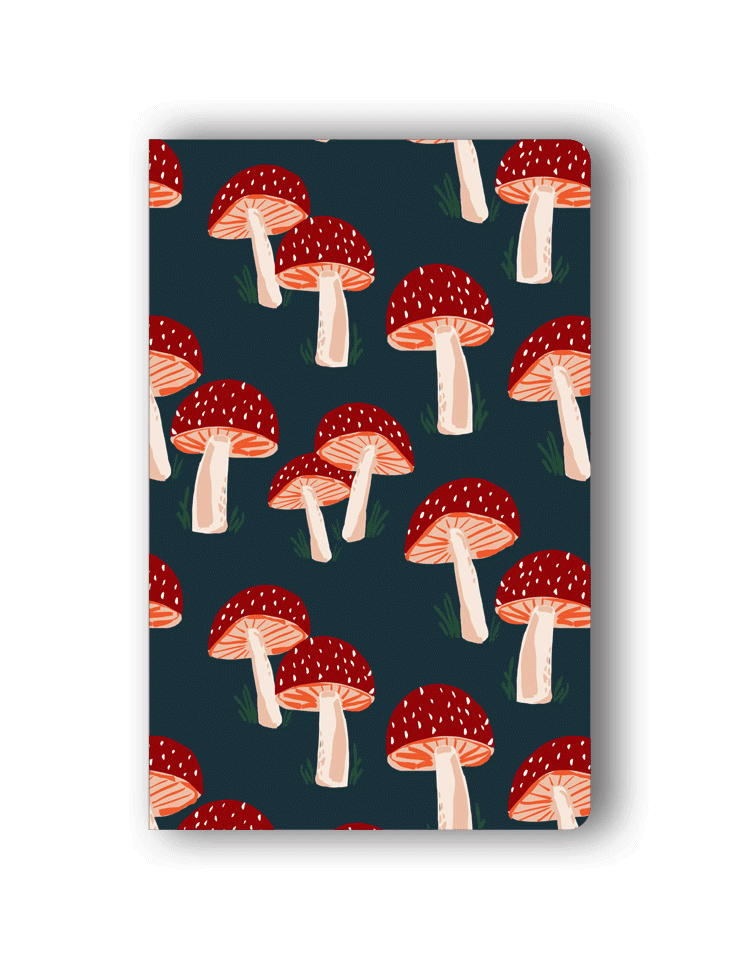 Navy Mushrooms Notebook featuring a luxurious navy cover with a quirky, gold-embossed mushroom design.