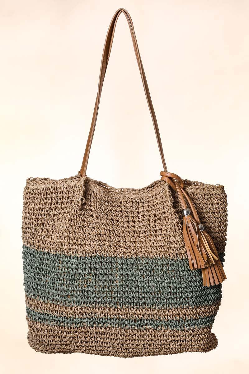 Striped Straw Braided Tote Bag