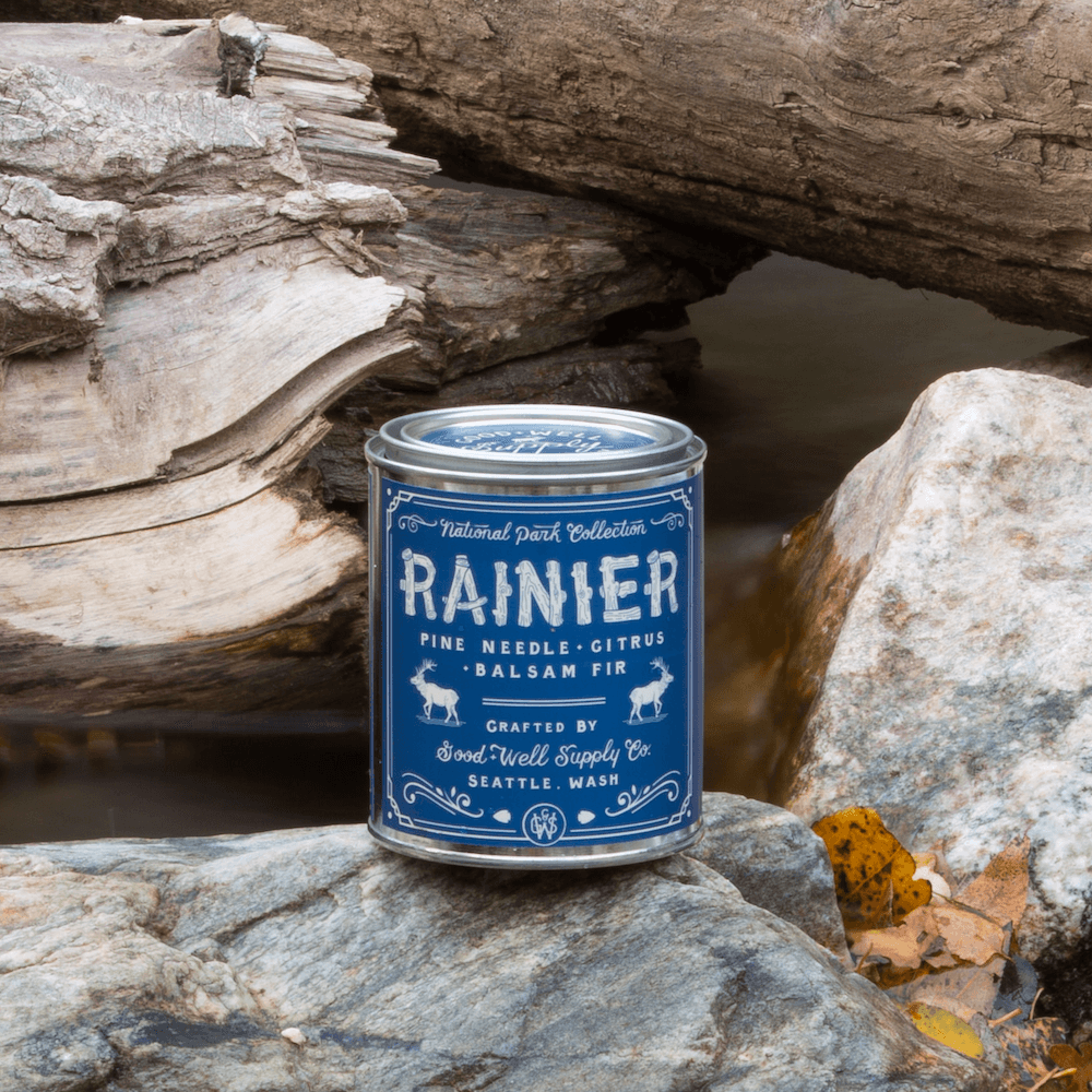 Rainier Soy Candle in sustainable packaging, diffusing a refreshing scent evocative of the tranquil mountain air.