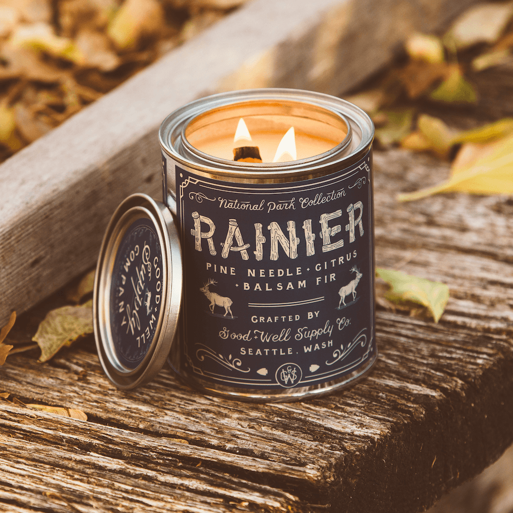 Rainier Soy Candle in sustainable packaging, diffusing a refreshing scent evocative of the tranquil mountain air.