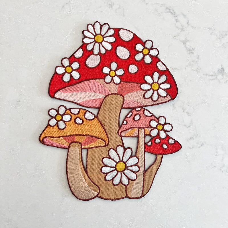 XLarge patch featuring a detailed embroidery of mushrooms intertwined with daisies.