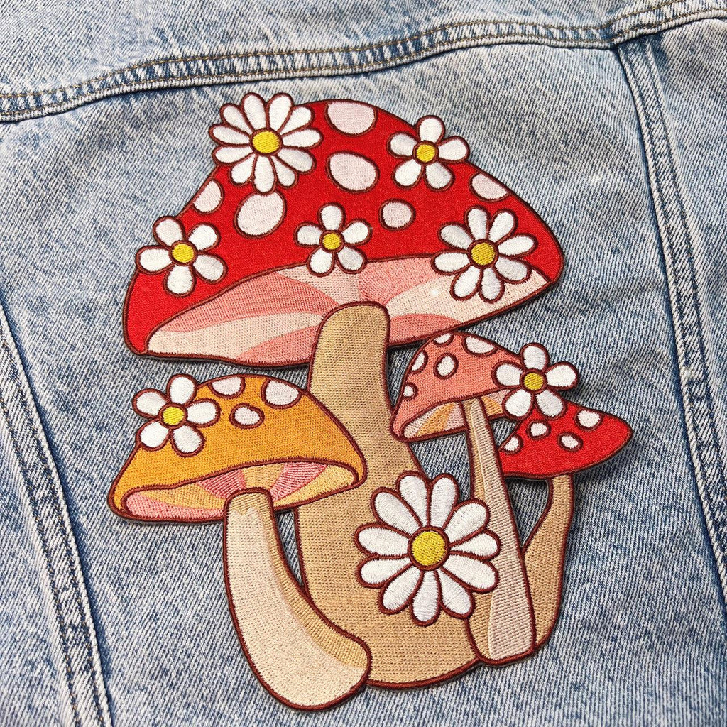 XLarge patch featuring a detailed embroidery of mushrooms intertwined with daisies.