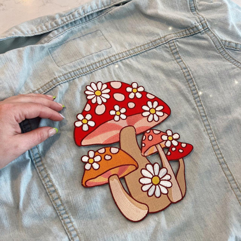XLarge patch featuring a detailed embroidery of mushrooms intertwined with daisies.