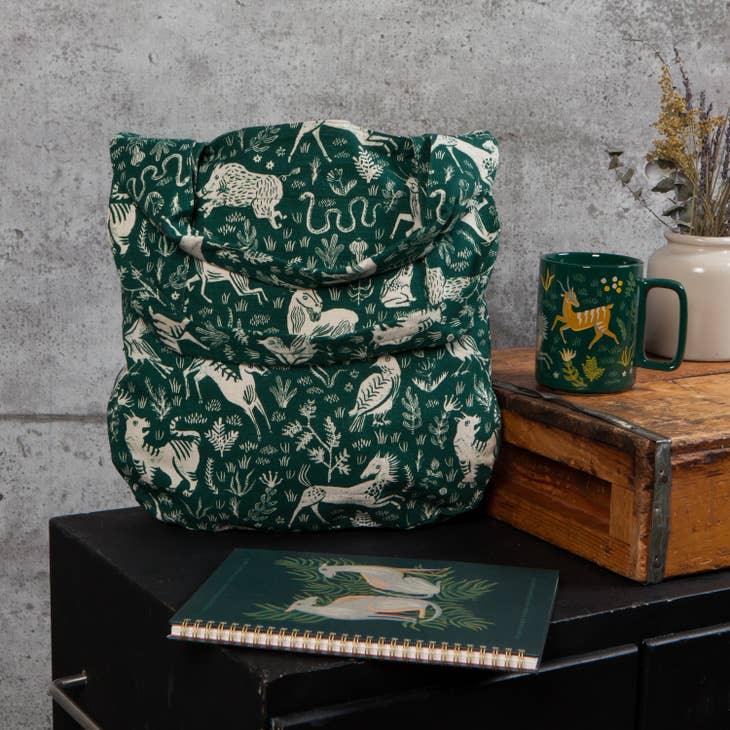 Boundless To and Fro-Tapestry-inspired, sustainable tote bag featuring mystical creatures and exotic flora.