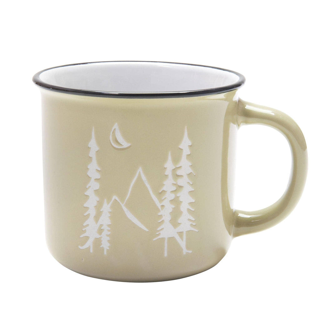 A durable Mountains Camp Mug with a mountain landscape design, ideal for camping and outdoor activities.