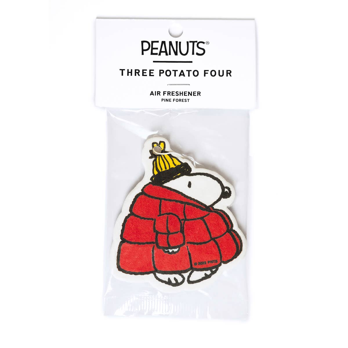 Peanuts® Snoopy Puffy Coat Air Freshener with pine forest scent, featuring Snoopy in a red puffy coat and yellow hat.