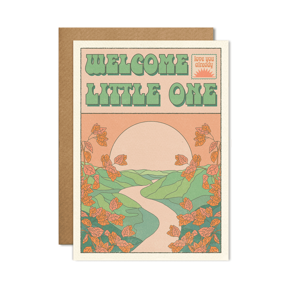 Welcome Little One' card with adorable illustrations and loving welcome message inside