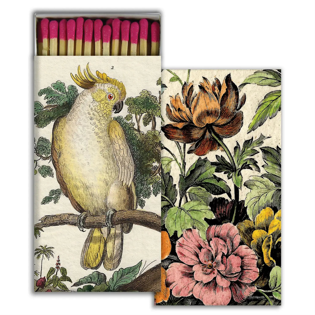 Cockatoo Matches in a charming matchbox, featuring a playful cockatoo design, perfect for lighting candles and fires.