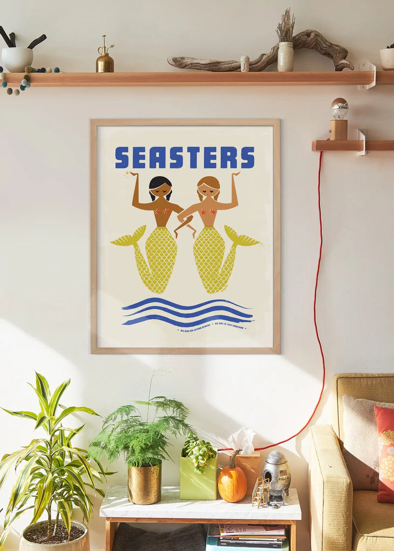 Artistic portrayal of sisters sharing moments by the sea, representing the deep bond of family and the tranquility of ocean waves.