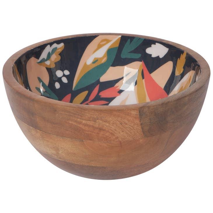 Superbloom Mango Wood Serving Bowl - Sustainable mango wood bowl with a lacquered garden design interior, ideal for serving or decor.