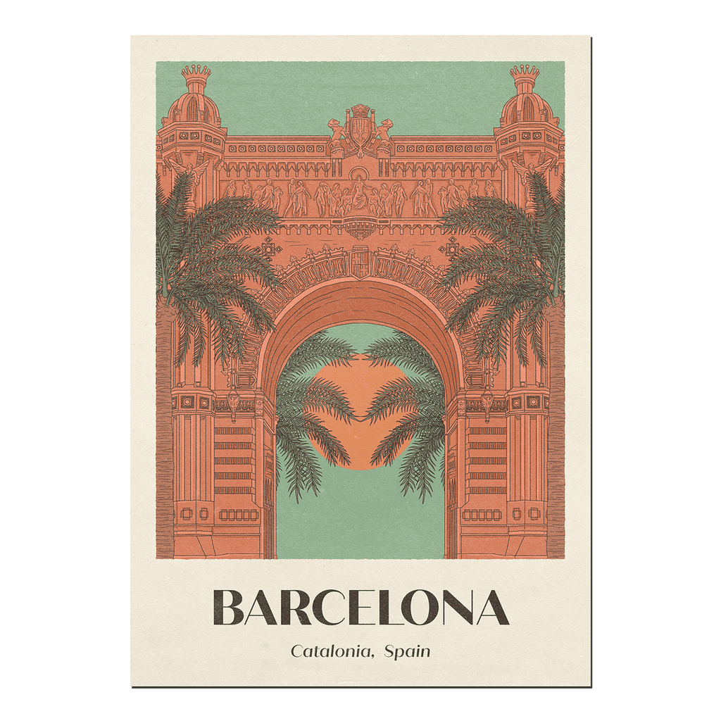 Barcelona Print featuring prominent city landmarks, richly colored and detailed, presented on a clean, white background.